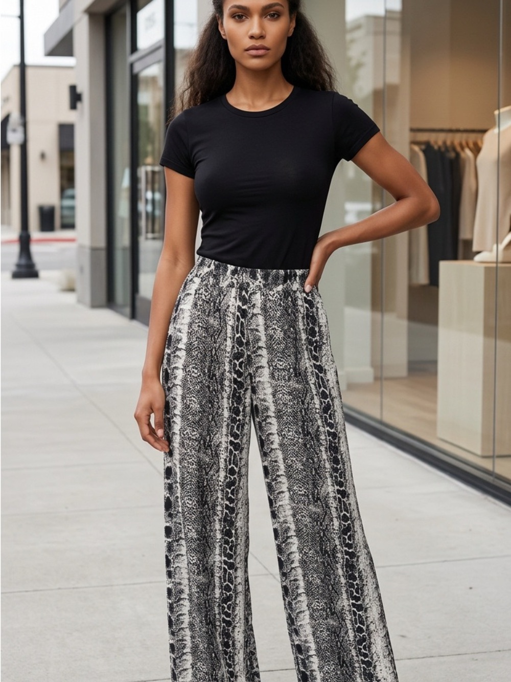 Boohoo Black & White Snake-Print Wide Leg Pants